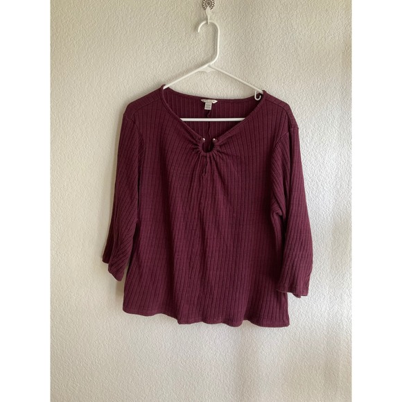Cato Tops - Cato Womens Burgundy Ribbed Ring Keyhole Neck 3/4 Sleeve Knit Top Plus 18/20W